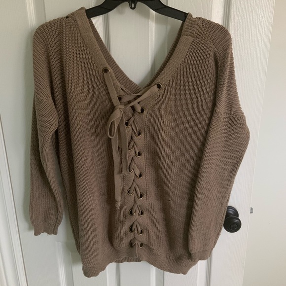V Neck Lace Up Back Knit Sweater - Picture 2 of 4